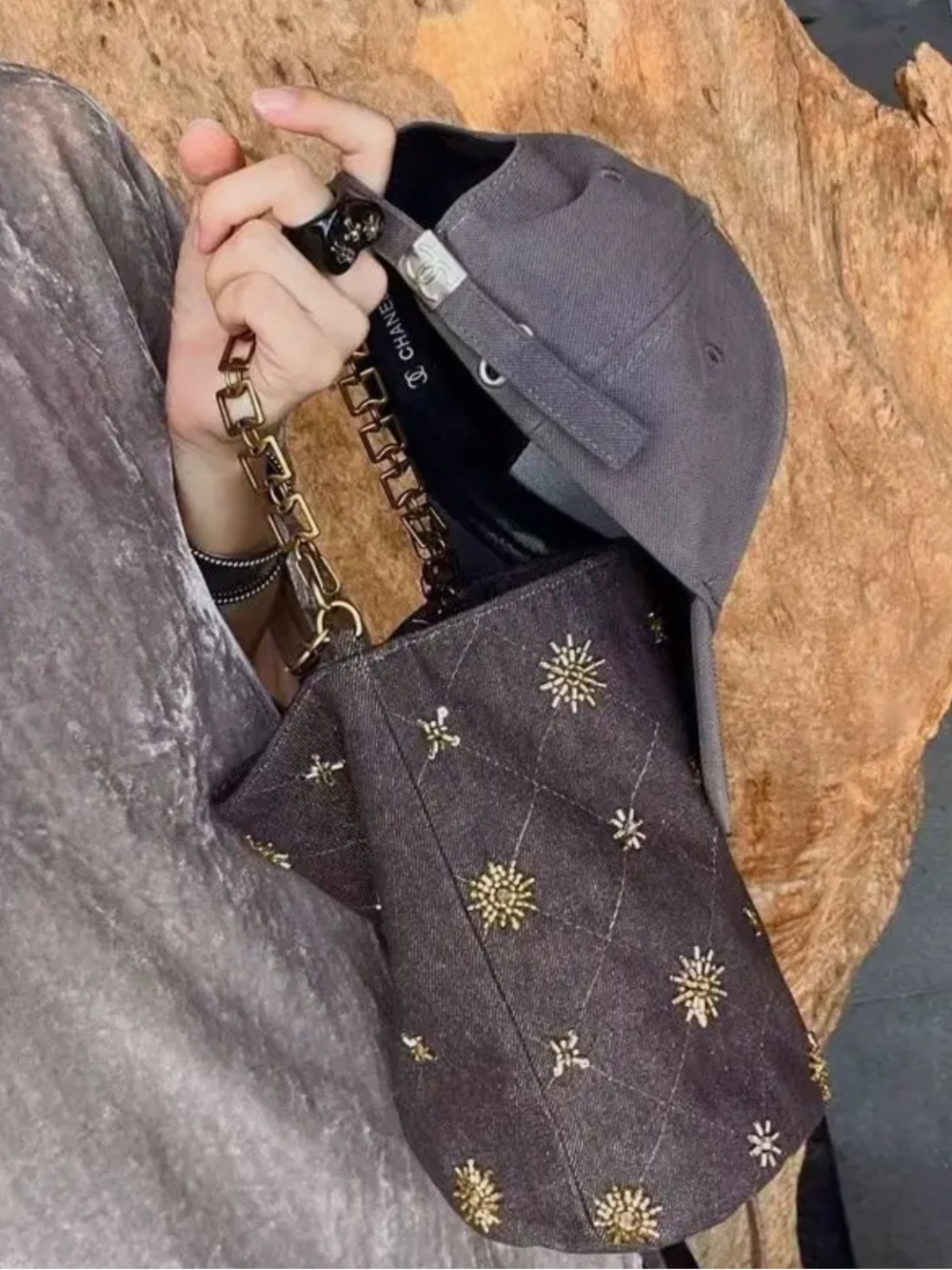 Brown Denim Chain-Handle Bucket Bag with Gold Embellishments